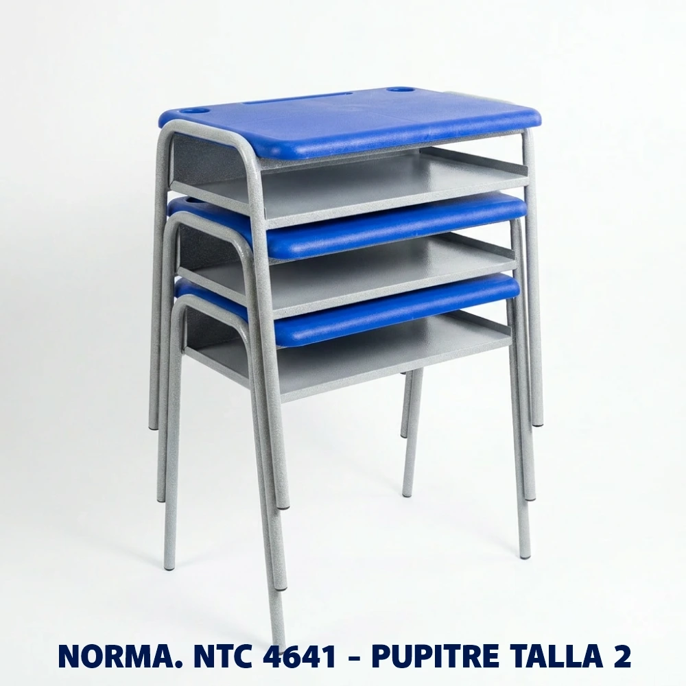 Pupitre Unipersonal Talla 2 NTC 4641 para Preescolar | Magru S.A.S. Pupitre unipersonal Talla 2 para preescolar fabricado bajo la norma Icontec NTC 4641, superficie plástica color azul y estructura metálica, ideal para colegios, jardines infantiles e instituciones educativas en Colombia. Apilable con máximo de 6 unidades