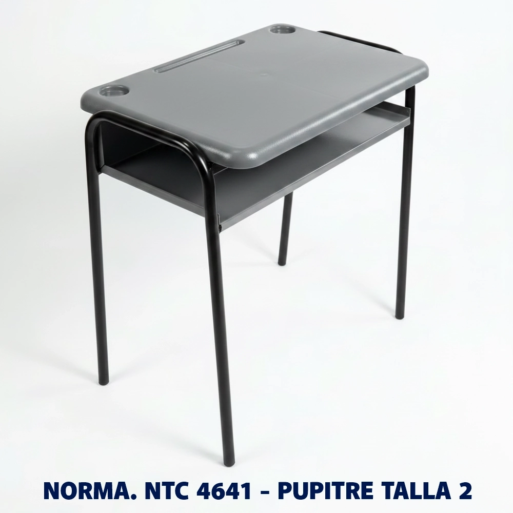 Pupitre Unipersonal Talla 2 NTC 4641 para Preescolar | Magru S.A.S. Pupitre unipersonal Talla 2 para preescolar fabricado bajo la norma Icontec NTC 4641, superficie plástica color gris claro y estructura metálica, ideal para colegios, jardines infantiles e instituciones educativas en Colombia.