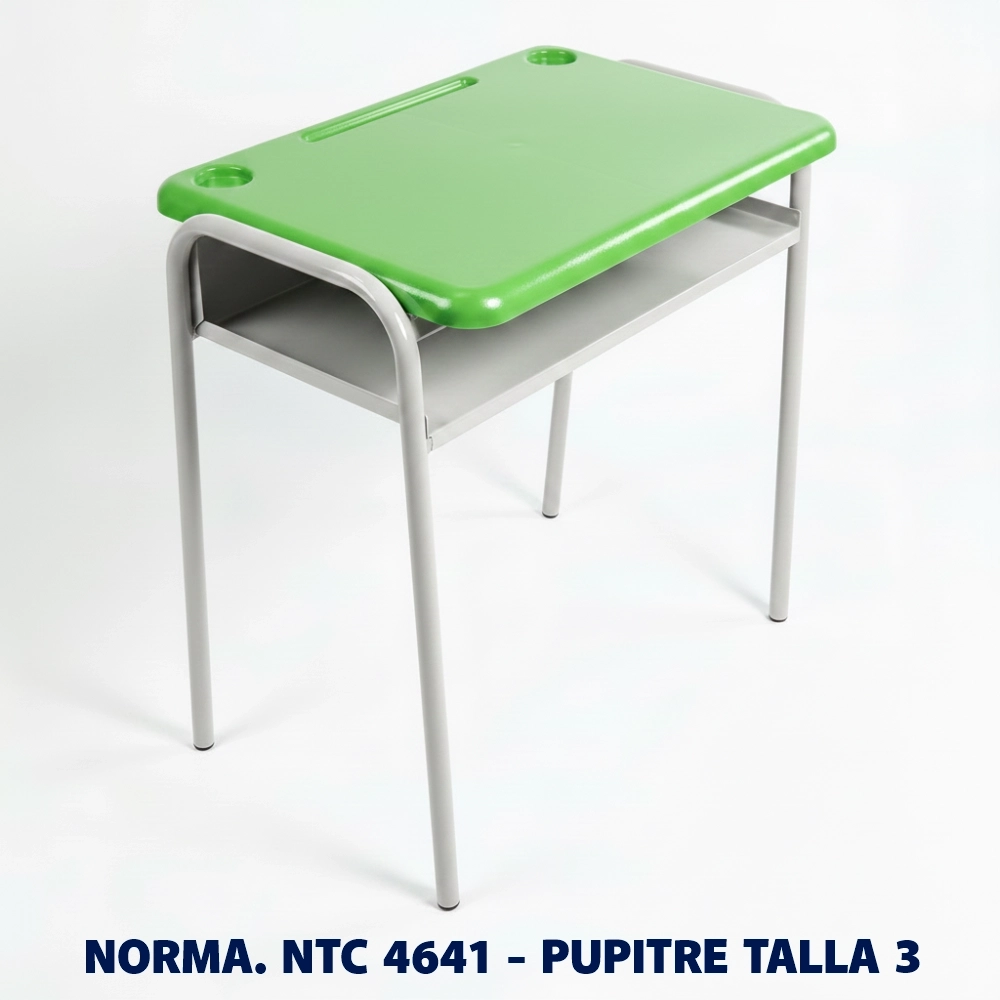 Pupitre Unipersonal Talla 3 NTC 4641 para Preescolar | Magru S.A.S. Pupitre unipersonal Talla 3 para preescolar fabricado bajo la norma Icontec NTC 4641, superficie plástica color azul y estructura metálica, ideal para colegios, jardines infantiles e instituciones educativas en Colombia.