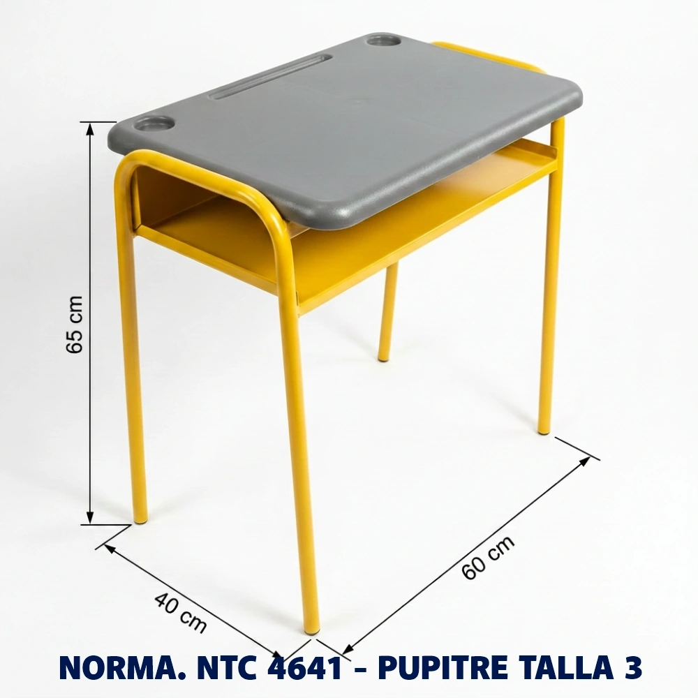 Pupitre Unipersonal Talla 3 NTC 4641 para Preescolar | Magru S.A.S. Pupitre unipersonal Talla 3 para preescolar fabricado bajo la norma Icontec NTC 4641, superficie plástica color azul y estructura metálica, ideal para colegios, jardines infantiles e instituciones educativas en Colombia.