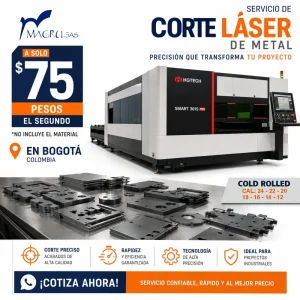 Servicio de corte láser de metal en Bogotá. Corte de láminas Cold Rolled calibres 24, 22, 20, 18, 16 y 14, y Hot Rolled de 3 mm, 4 mm, 6 mm, 5/16" y 3/8". Desde $75 pesos por segundo. No incluye el material.
