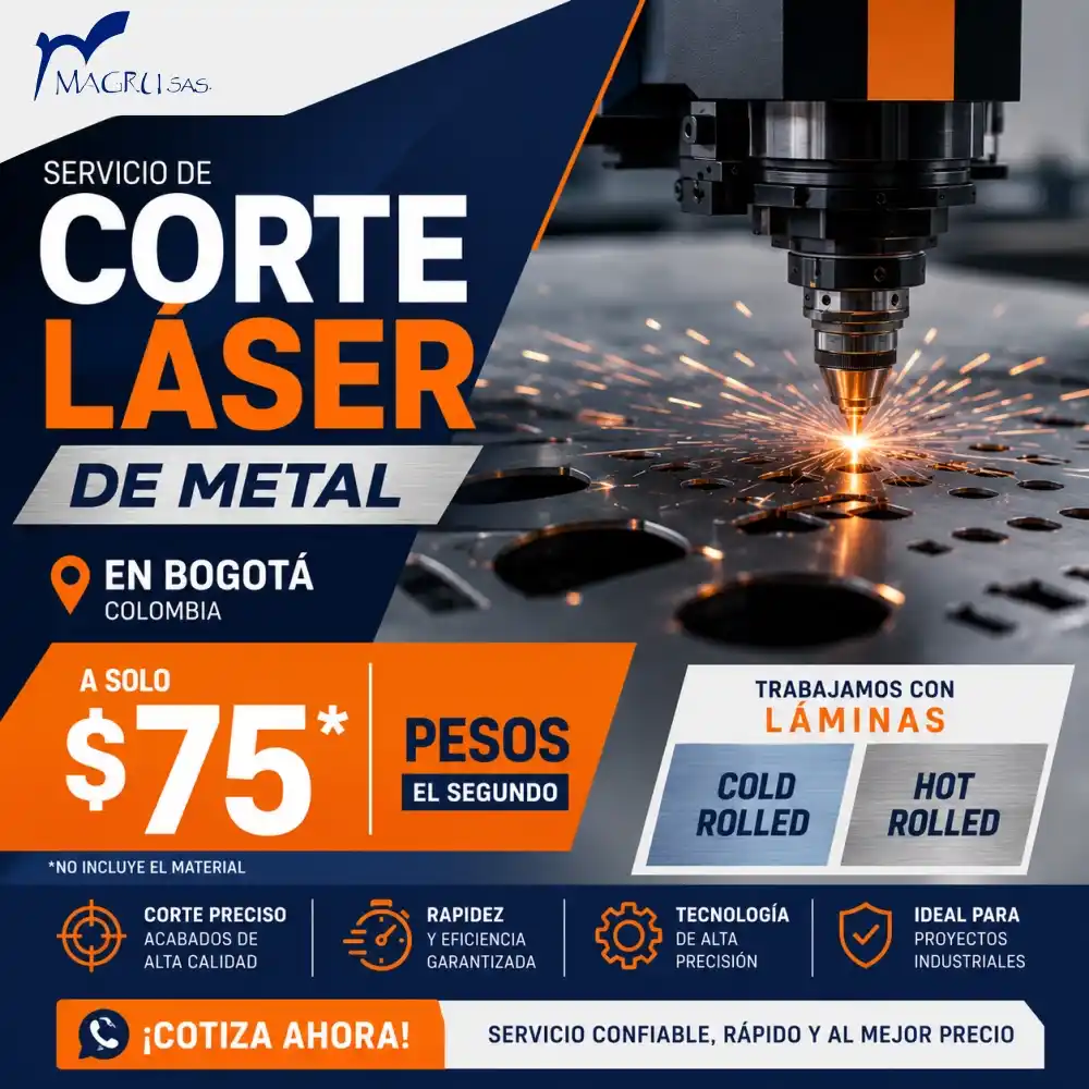 Servicio de corte láser de metal en Bogotá. Corte de láminas Cold Rolled calibres 24, 22, 20, 18, 16 y 14, y Hot Rolled de 3 mm, 4 mm, 6 mm, 5/16" y 3/8". Desde $75 pesos por segundo. No incluye el material.