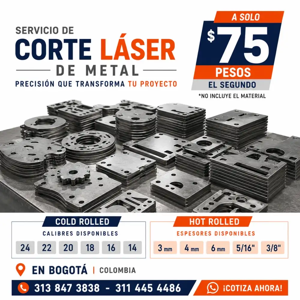 Servicio de corte láser de metal en Bogotá. Corte de láminas Cold Rolled calibres 24, 22, 20, 18, 16 y 14, y Hot Rolled de 3 mm, 4 mm, 6 mm, 5/16" y 3/8". Desde $75 pesos por segundo. No incluye el material.