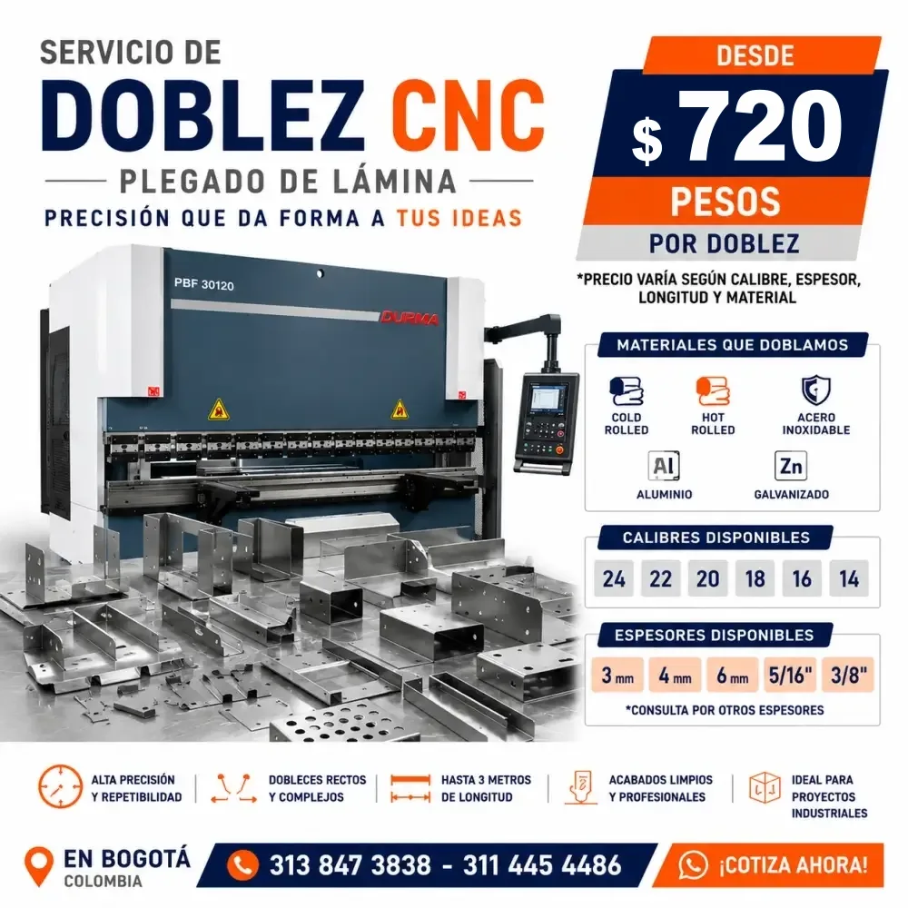 Servicio de corte láser de metal en Bogotá. Corte de láminas Cold Rolled calibres 24, 22, 20, 18, 16 y 14, y Hot Rolled de 3 mm, 4 mm, 6 mm, 5/16" y 3/8". Desde $75 pesos por segundo. No incluye el material.