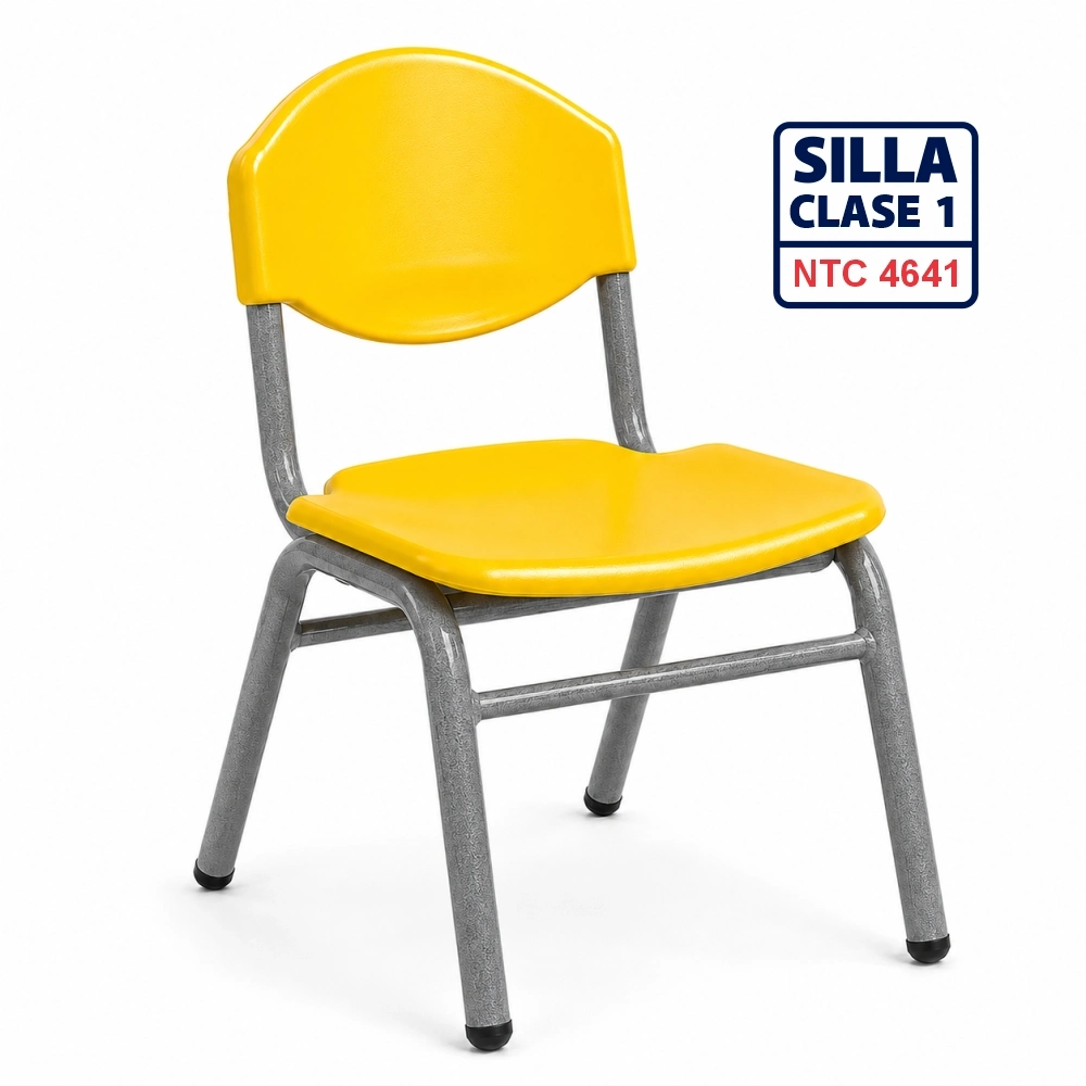 Silla Unipersonal clase 1 fabricada por Magru S.A.S bajo la norma NTC 4641 de Icontec con asiento y espaldar en plástico azul y estructura metálica gris para jardín infantil y preescolar.