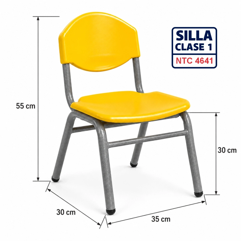 Silla Unipersonal clase 1 fabricada por Magru S.A.S bajo la norma NTC 4641 de Icontec con asiento y espaldar en plástico azul y estructura metálica gris para jardín infantil y preescolar.
