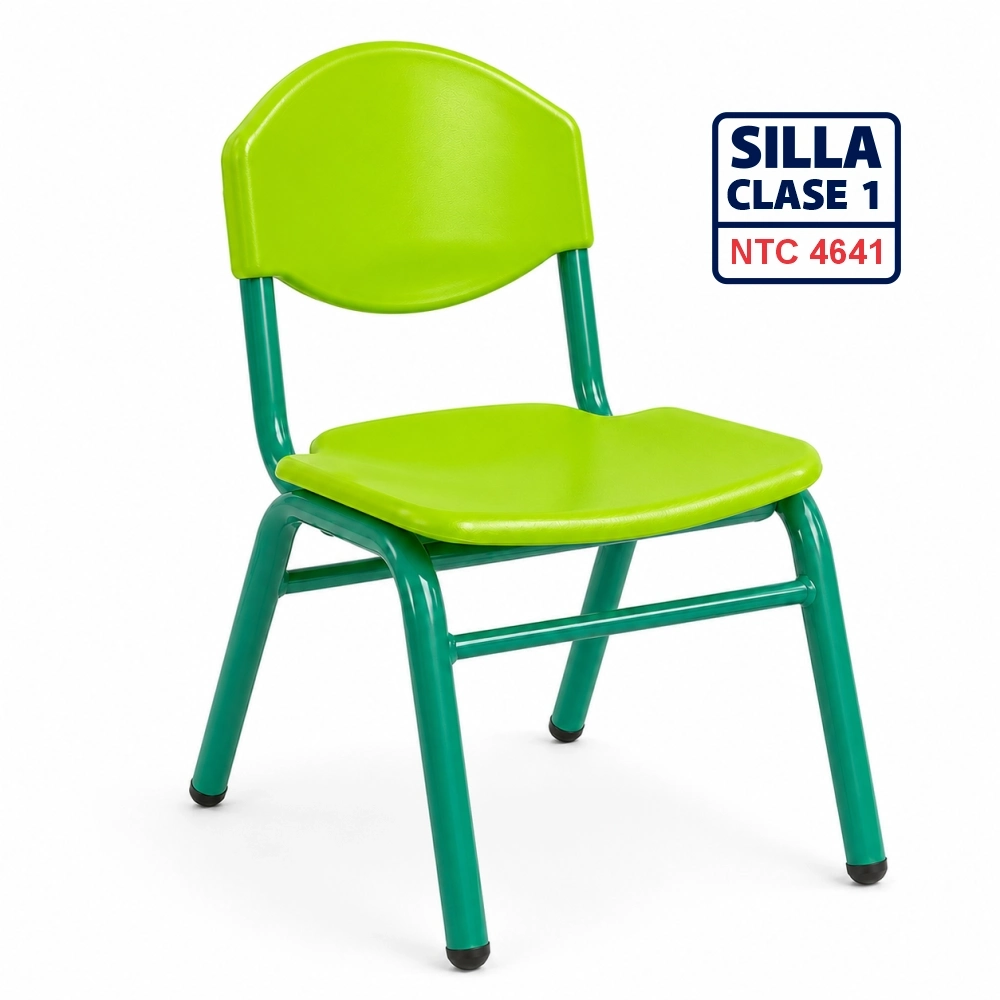 Silla Unipersonal clase 1 fabricada por Magru S.A.S bajo la norma NTC 4641 de Icontec con asiento y espaldar en plástico azul y estructura metálica gris para jardín infantil y preescolar.