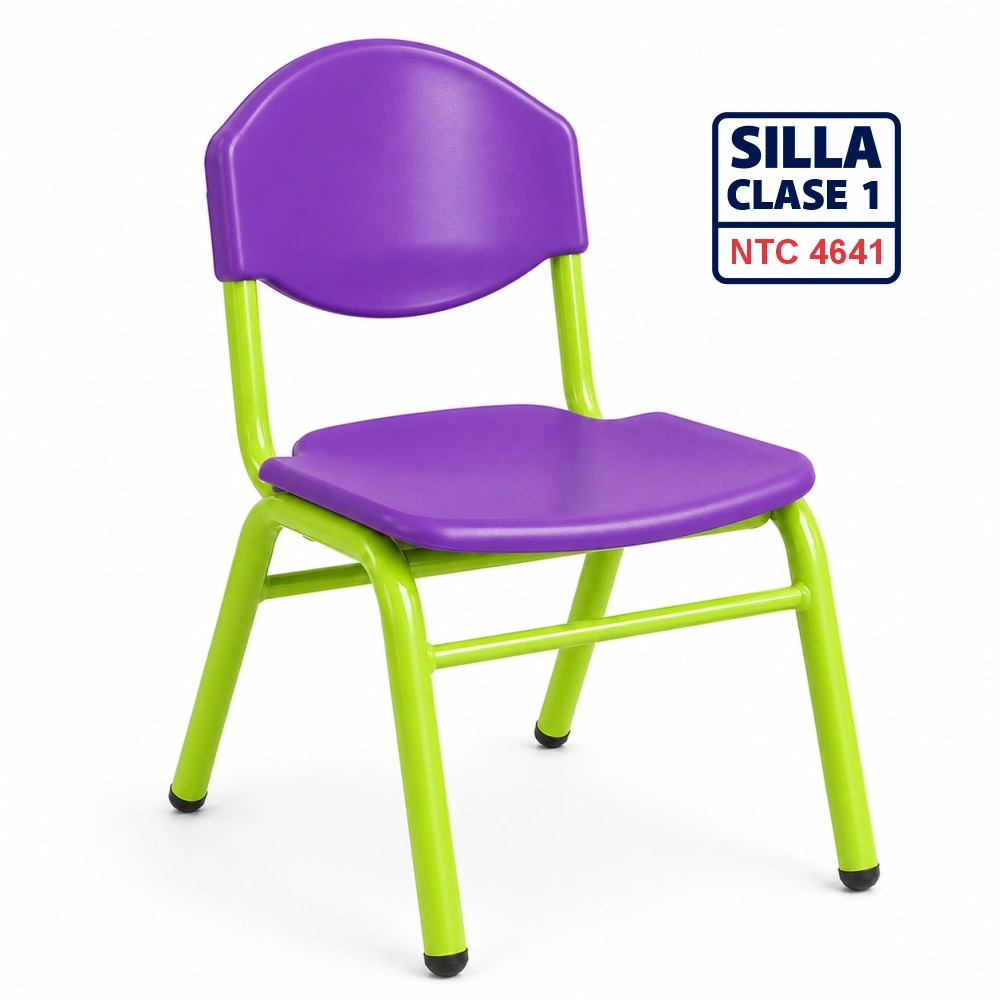 Silla Unipersonal clase 1 fabricada por Magru S.A.S bajo la norma NTC 4641 de Icontec con asiento y espaldar en plástico azul y estructura metálica gris para jardín infantil y preescolar.