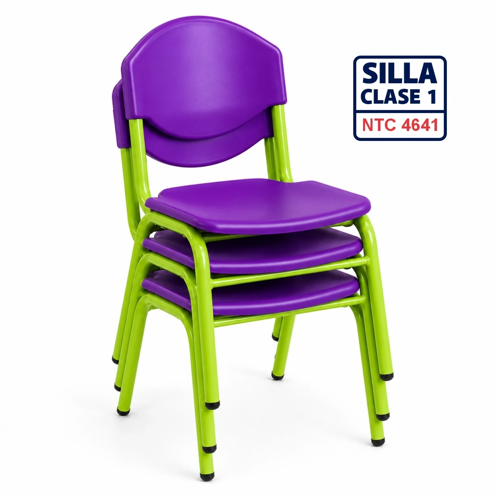 Silla Unipersonal clase 1 fabricada por Magru S.A.S bajo la norma NTC 4641 de Icontec con asiento y espaldar en plástico azul y estructura metálica gris para jardín infantil y preescolar.