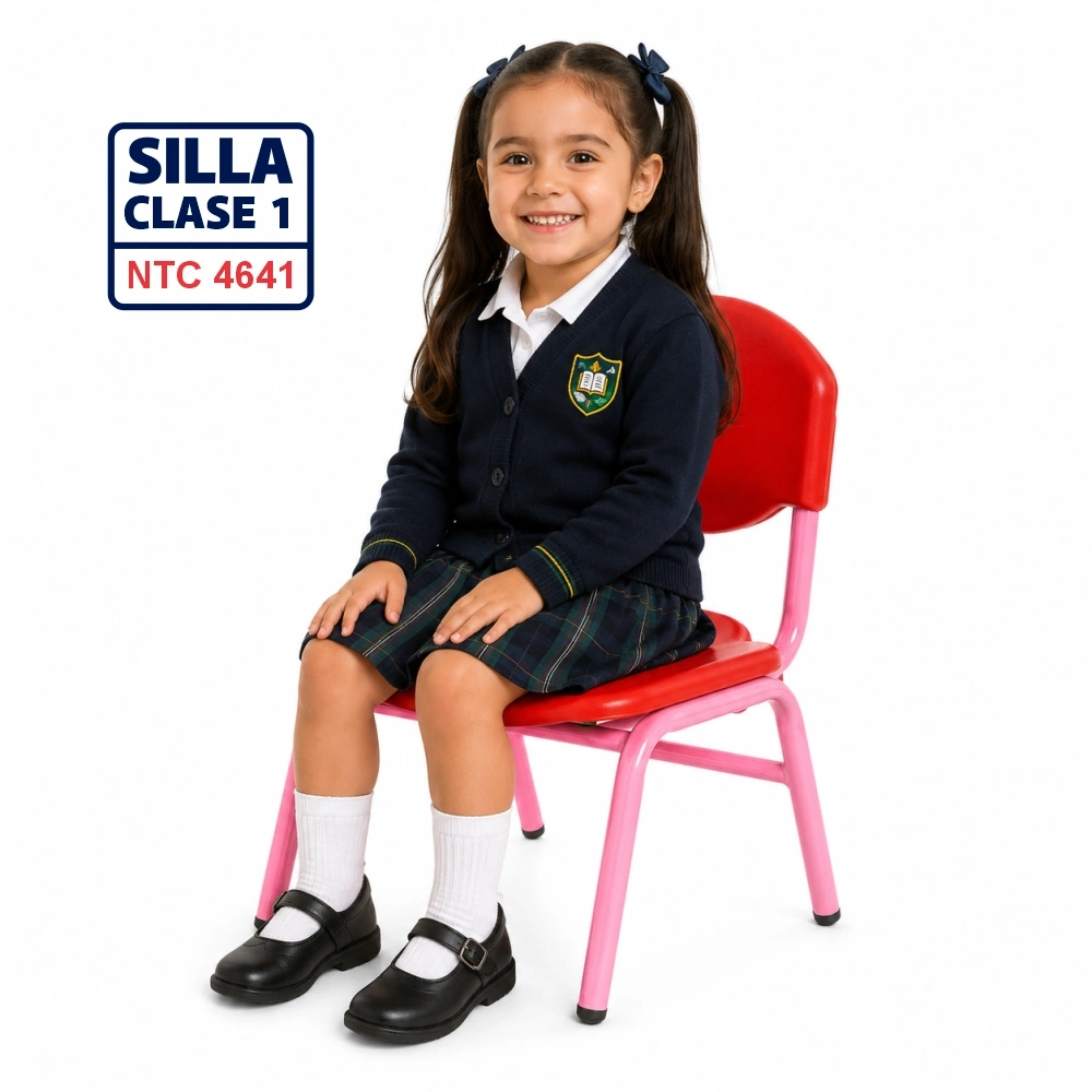 Silla Unipersonal clase 1 fabricada por Magru S.A.S bajo la norma NTC 4641 de Icontec con asiento y espaldar en plástico azul y estructura metálica gris para jardín infantil y preescolar.
