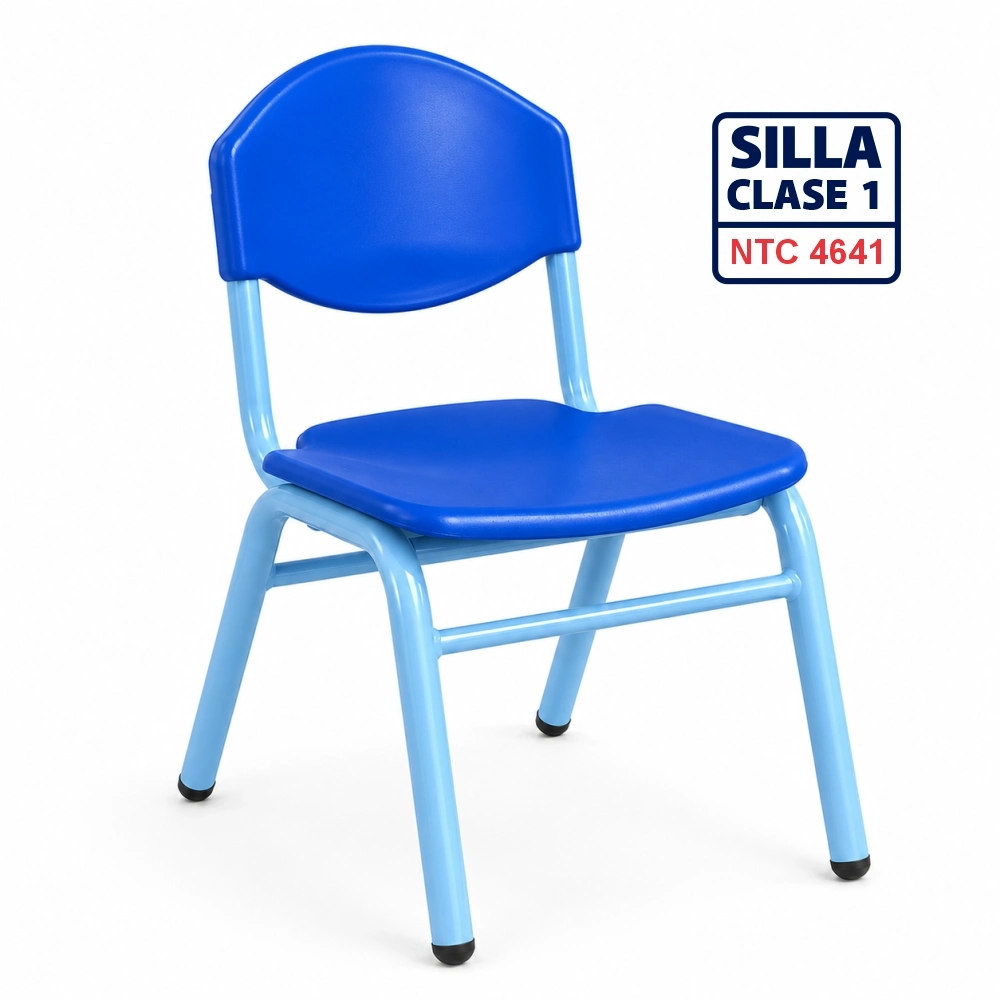 Silla Unipersonal clase 1 fabricada por Magru S.A.S bajo la norma NTC 4641 de Icontec con asiento y espaldar en plástico azul y estructura metálica gris para jardín infantil y preescolar.