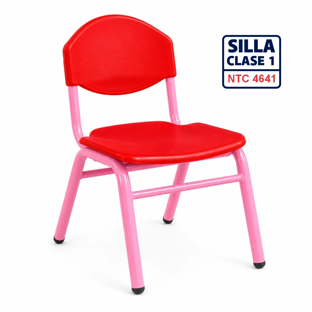 Silla Unipersonal clase 1 fabricada por Magru S.A.S bajo la norma NTC 4641 de Icontec con asiento y espaldar en plástico azul y estructura metálica gris para jardín infantil y preescolar.
