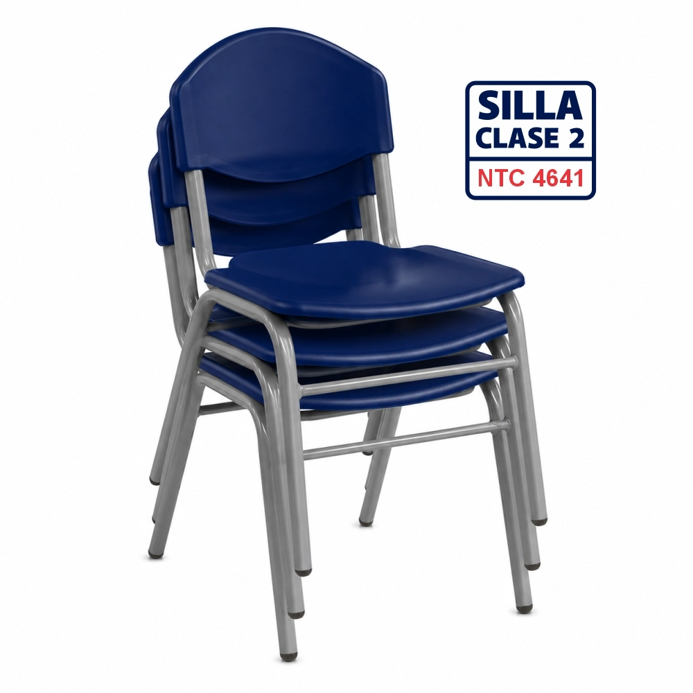 Silla Unipersonal clase 2 fabricada por Magru S.A.S bajo la norma NTC 4641 de Icontec con asiento y espaldar en plástico azul y estructura metálica gris para el nivel preescolar.