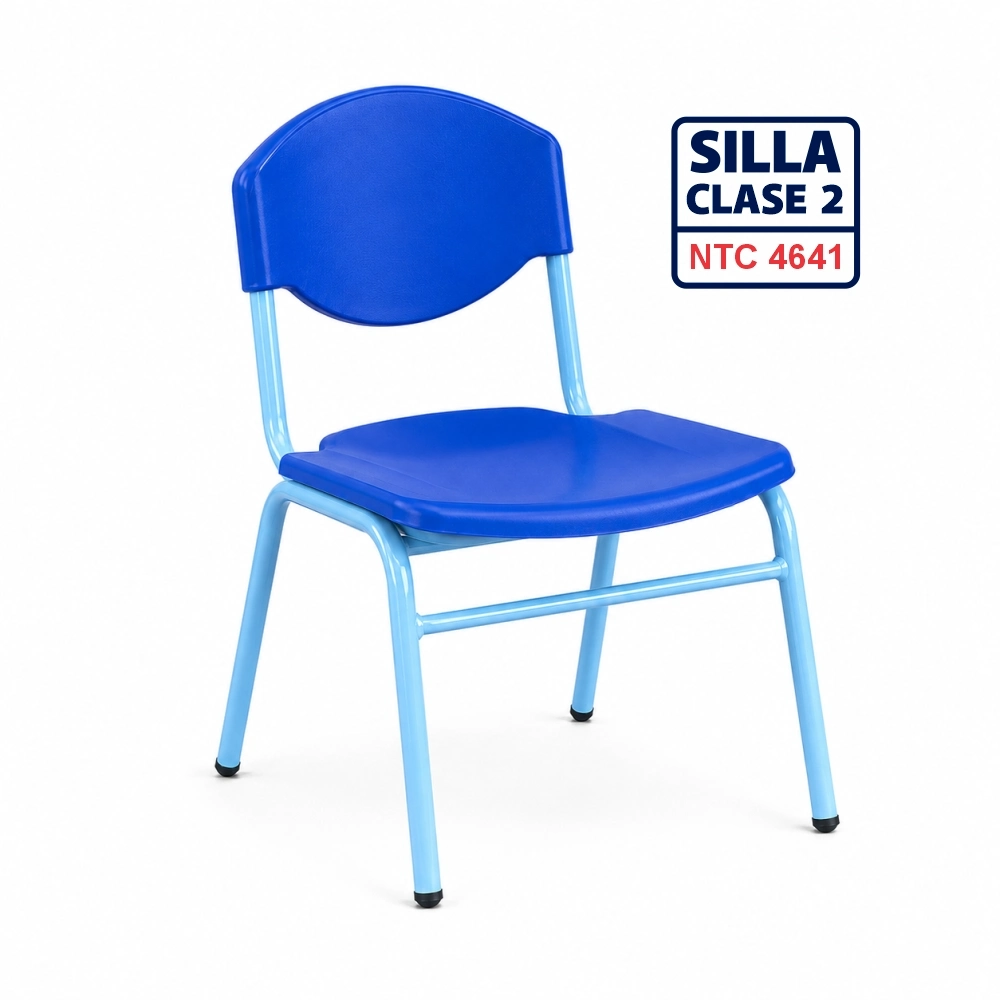 Silla Unipersonal clase 2 fabricada por Magru S.A.S bajo la norma NTC 4641 de Icontec con asiento y espaldar en plástico azul y estructura metálica gris para el nivel preescolar.