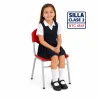 Silla Unipersonal clase 2 fabricada por Magru S.A.S bajo la norma NTC 4641 de Icontec con asiento y espaldar en plástico azul y estructura metálica gris para el nivel preescolar.