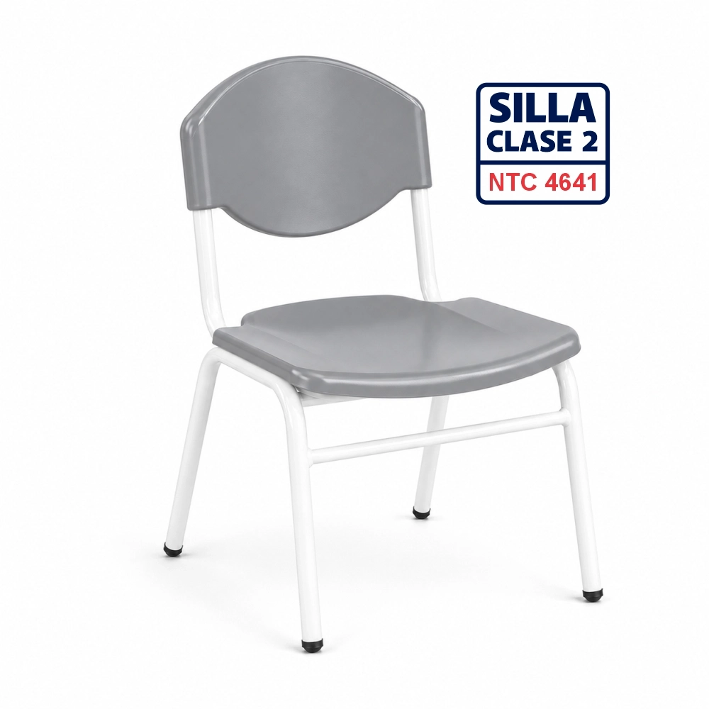 Silla Unipersonal clase 2 fabricada por Magru S.A.S bajo la norma NTC 4641 de Icontec con asiento y espaldar en plástico azul y estructura metálica gris para el nivel preescolar.
