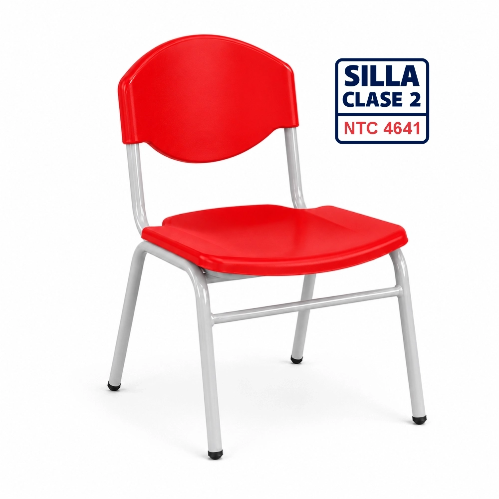 Silla Unipersonal clase 2 fabricada por Magru S.A.S bajo la norma NTC 4641 de Icontec con asiento y espaldar en plástico azul y estructura metálica gris para el nivel preescolar.