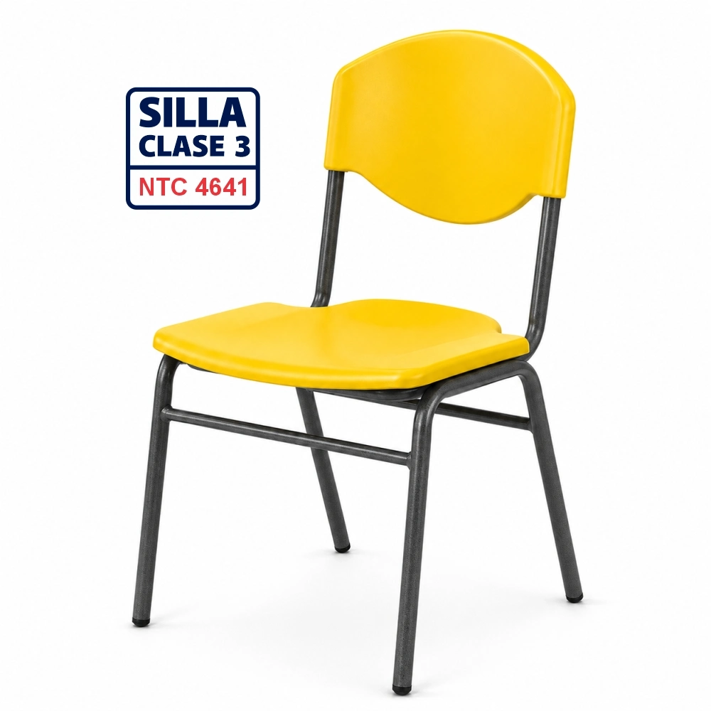 Silla escolar Clase 3 fabricada bajo la norma NTC 4641 con asiento y espaldar en polipropileno azul y estructura metálica para colegios, escuelas, bibliotecas y auditorios en Colombia.