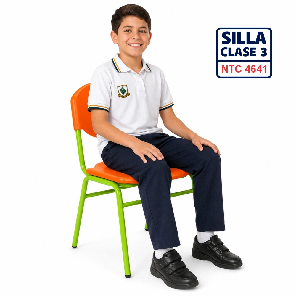 Silla escolar Clase 3 fabricada bajo la norma NTC 4641 con asiento y espaldar en polipropileno azul y estructura metálica para colegios, escuelas, bibliotecas y auditorios en Colombia.