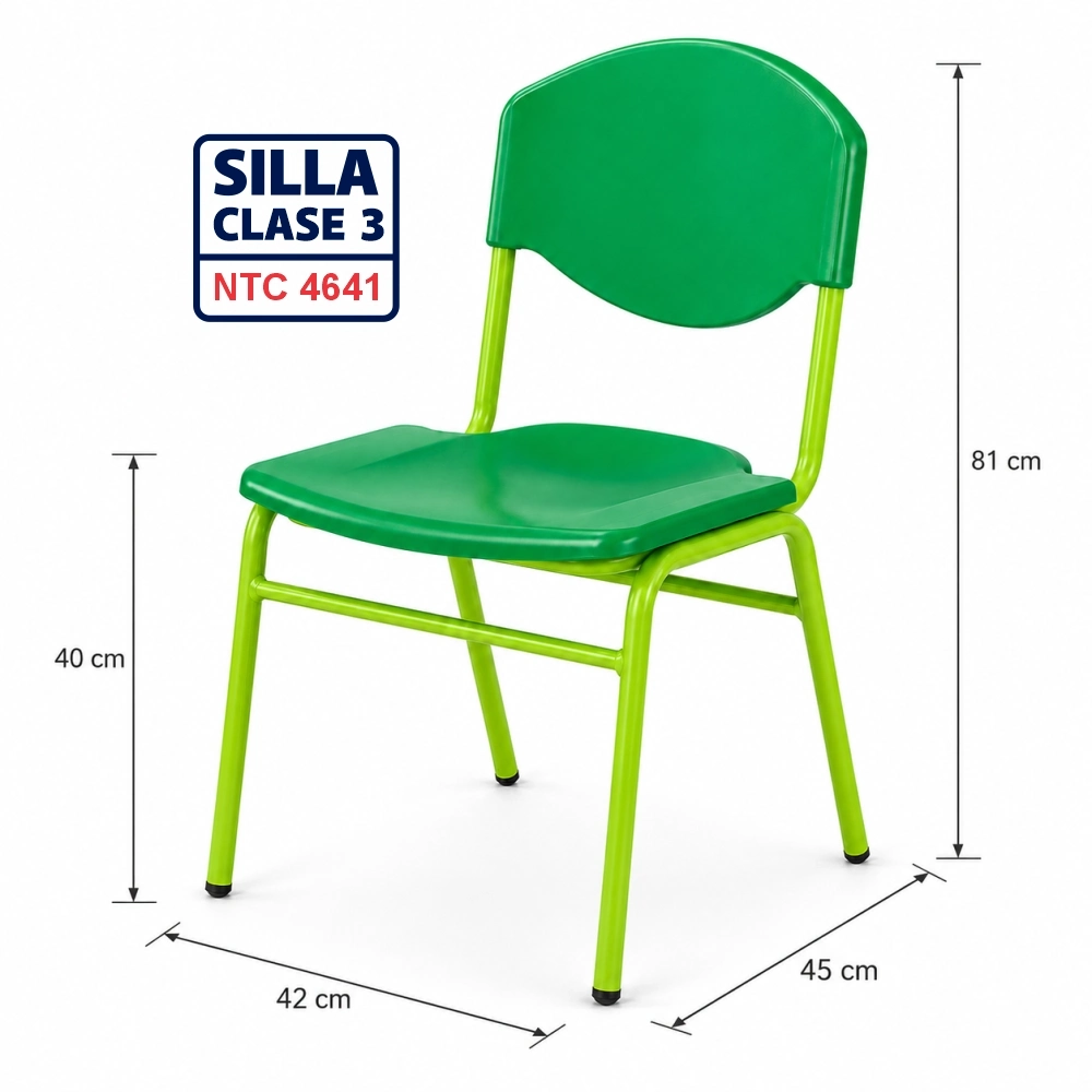 Silla escolar Clase 3 fabricada bajo la norma NTC 4641 con asiento y espaldar en polipropileno azul y estructura metálica para colegios, escuelas, bibliotecas y auditorios en Colombia.