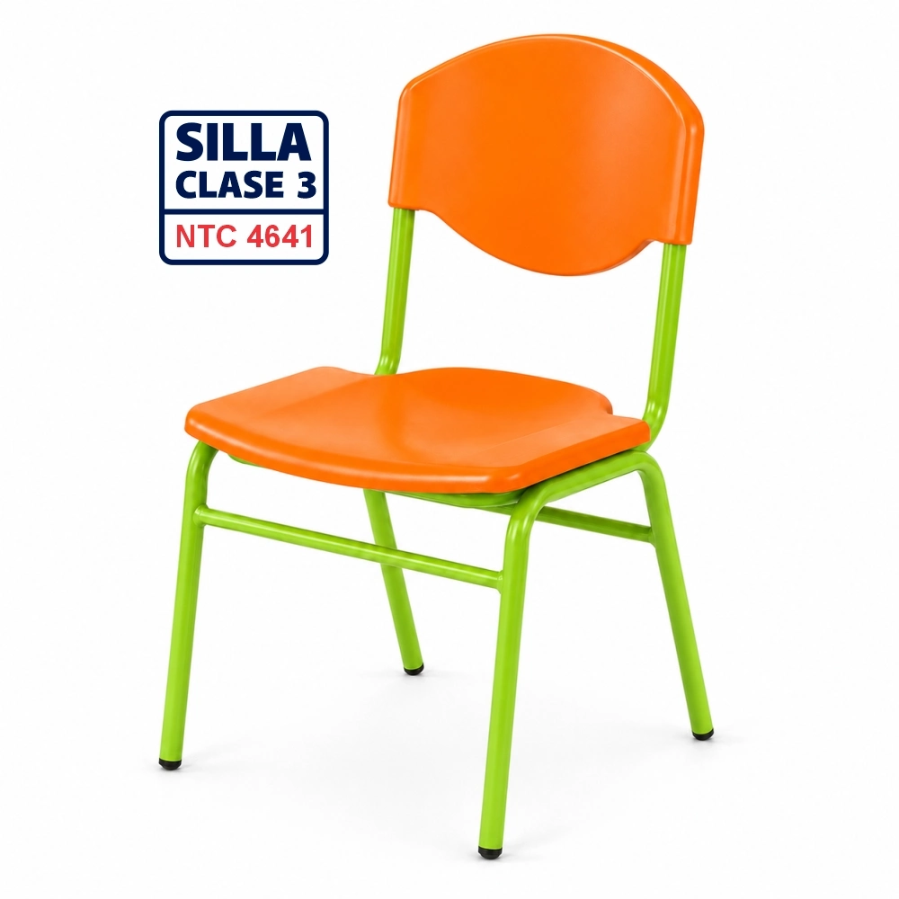 Silla escolar Clase 3 fabricada bajo la norma NTC 4641 con asiento y espaldar en polipropileno azul y estructura metálica para colegios, escuelas, bibliotecas y auditorios en Colombia.