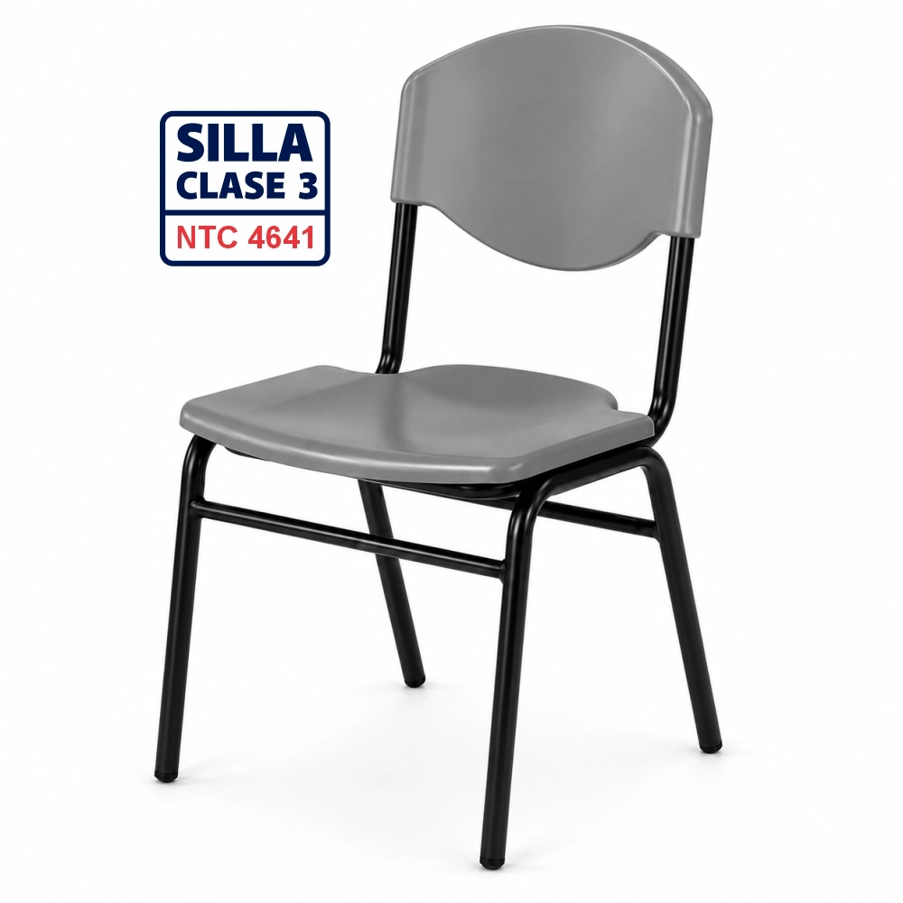 Silla escolar Clase 3 fabricada bajo la norma NTC 4641 con asiento y espaldar en polipropileno azul y estructura metálica para colegios, escuelas, bibliotecas y auditorios en Colombia.