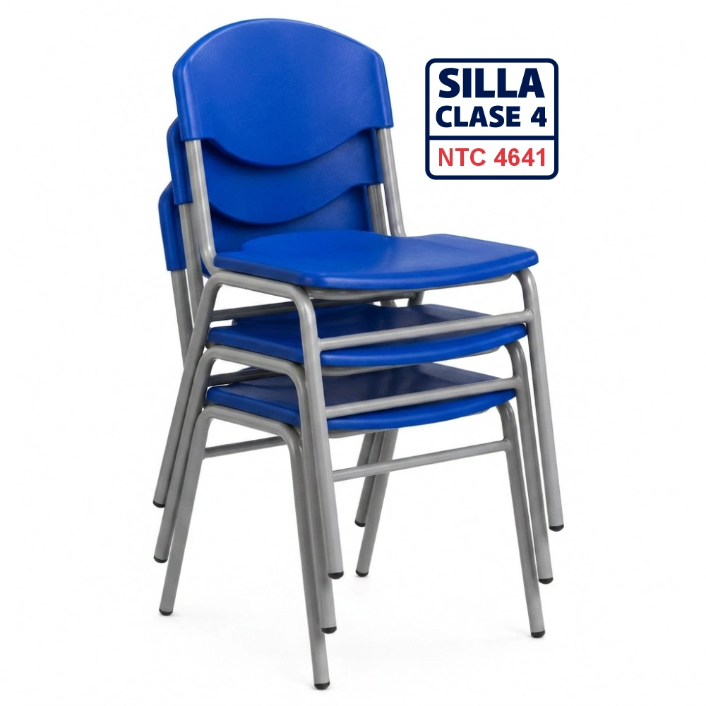 Silla escolar Clase 4 fabricada bajo la norma NTC 4641 con asiento y espaldar en polipropileno azul y estructura metálica para colegios, escuelas, bibliotecas y auditorios en Colombia.