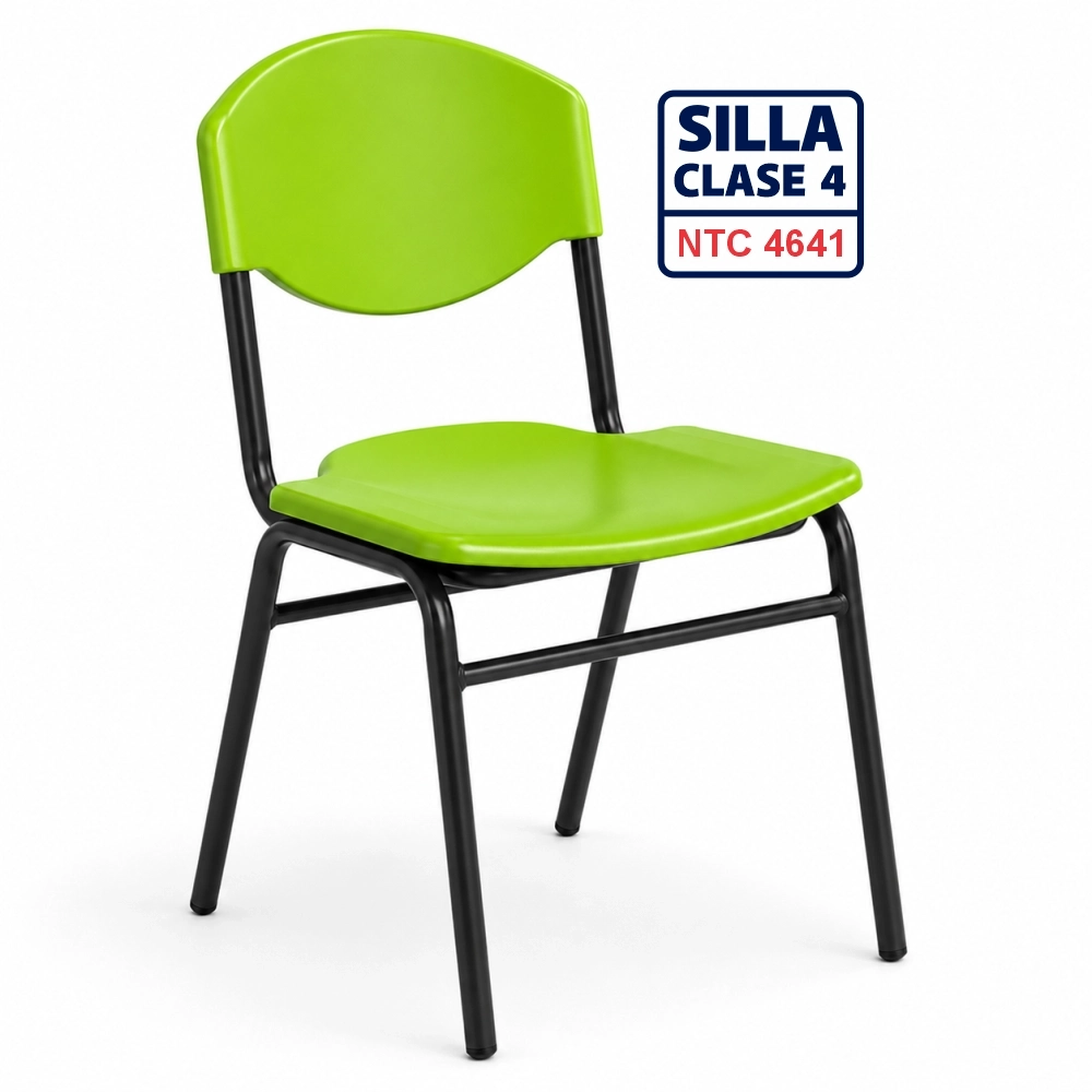 Silla escolar Clase 4 fabricada bajo la norma NTC 4641 con asiento y espaldar en polipropileno azul y estructura metálica para colegios, escuelas, bibliotecas y auditorios en Colombia.