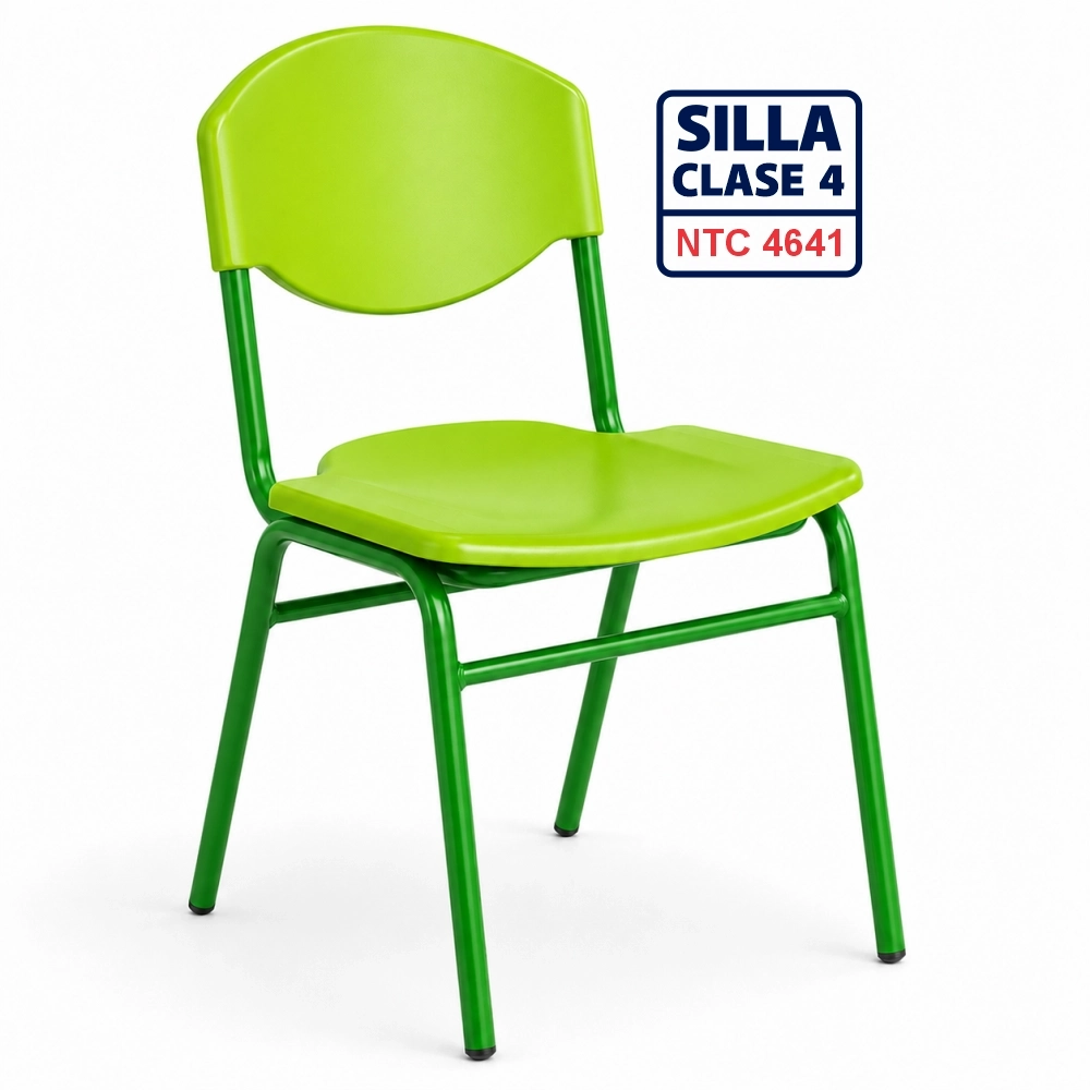 Silla escolar Clase 4 fabricada bajo la norma NTC 4641 con asiento y espaldar en polipropileno azul y estructura metálica para colegios, escuelas, bibliotecas y auditorios en Colombia.