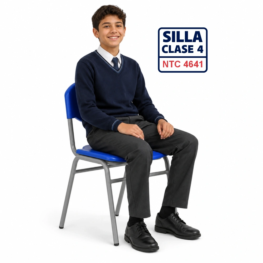 Silla escolar Clase 4 fabricada bajo la norma NTC 4641 con asiento y espaldar en polipropileno azul y estructura metálica para colegios, escuelas, bibliotecas y auditorios en Colombia.