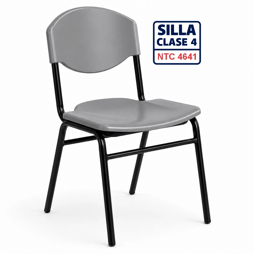 Silla escolar Clase 4 NTC 4641 fabricada en polipropileno con estructura metálica para colegios, escuelas y universidades en Colombia.