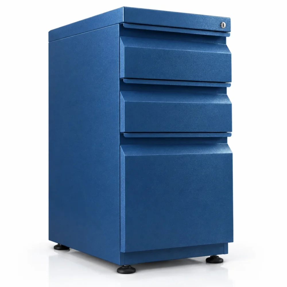 Archivador metálico 2x1 slim color azul con dos cajones papeleros y un cajón archivador
